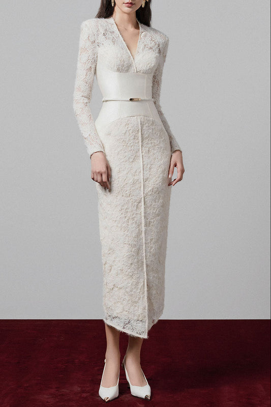 kimberley white v-neck lace patchwork midi dress