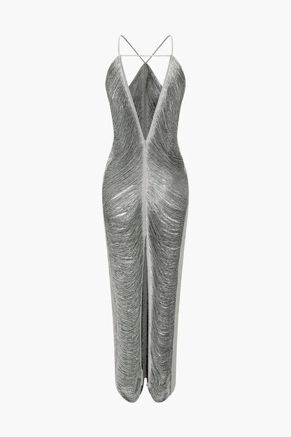 tassel rear slit halterneck dress