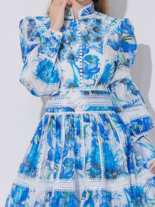 sabrina Lace-paneled printed lantern sleeves mini dress in blue