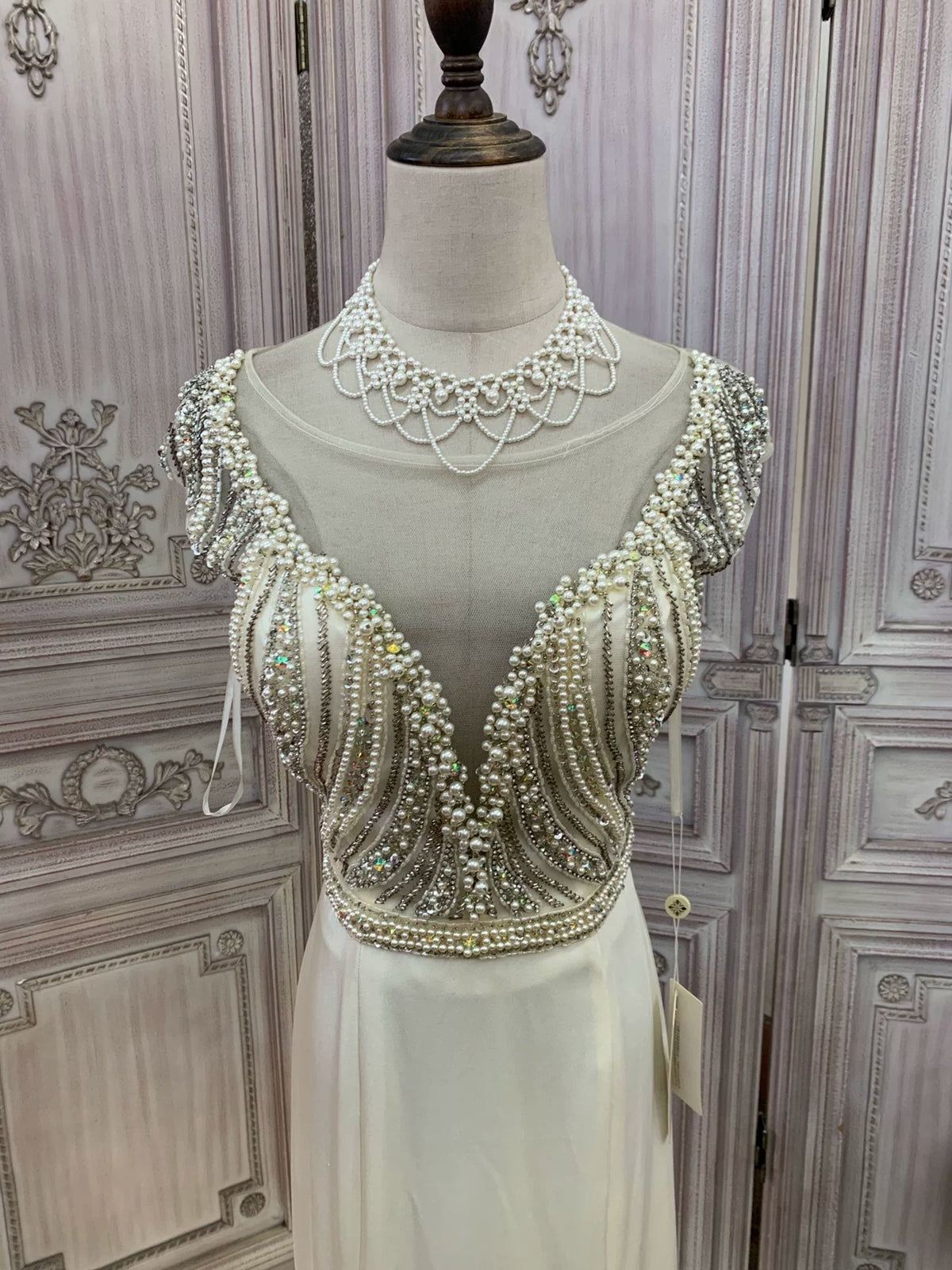 Ivory Crepe Mermaid Gown with Beaded Bodice