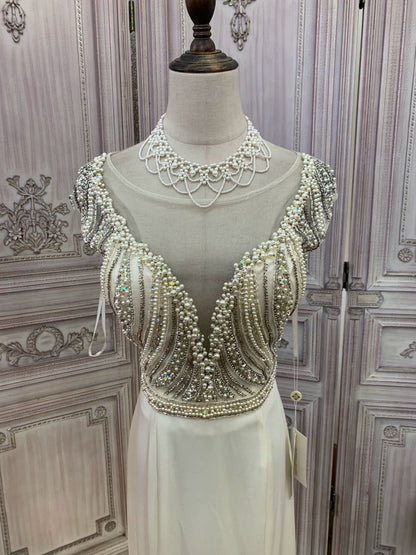 Ivory Crepe Mermaid Gown with Beaded Bodice