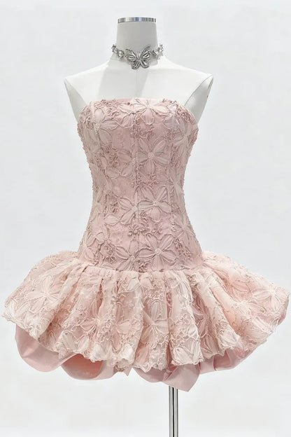 katherine Embroidered Lace Ruffle Mini Dress in pink