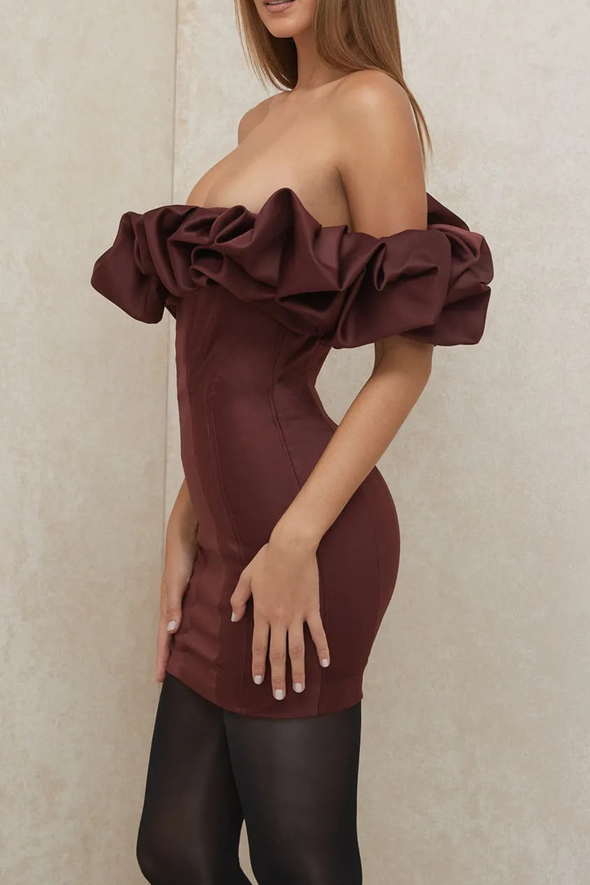 burgundy satin ruffle strapless mini dress