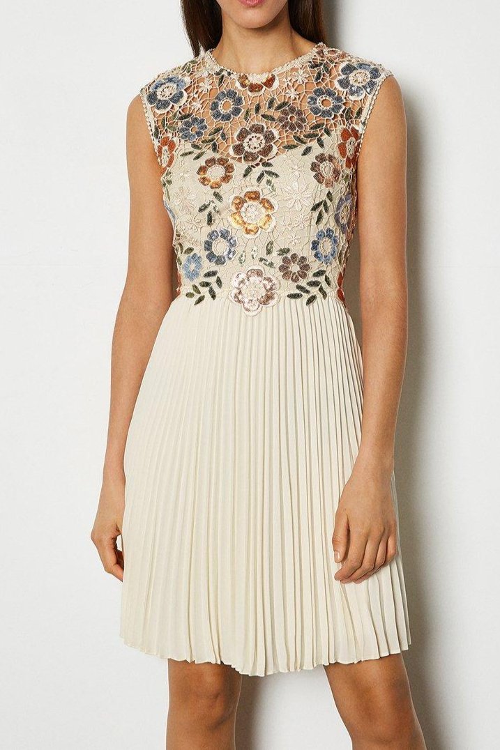 sequin lace floral mini dress in apricot