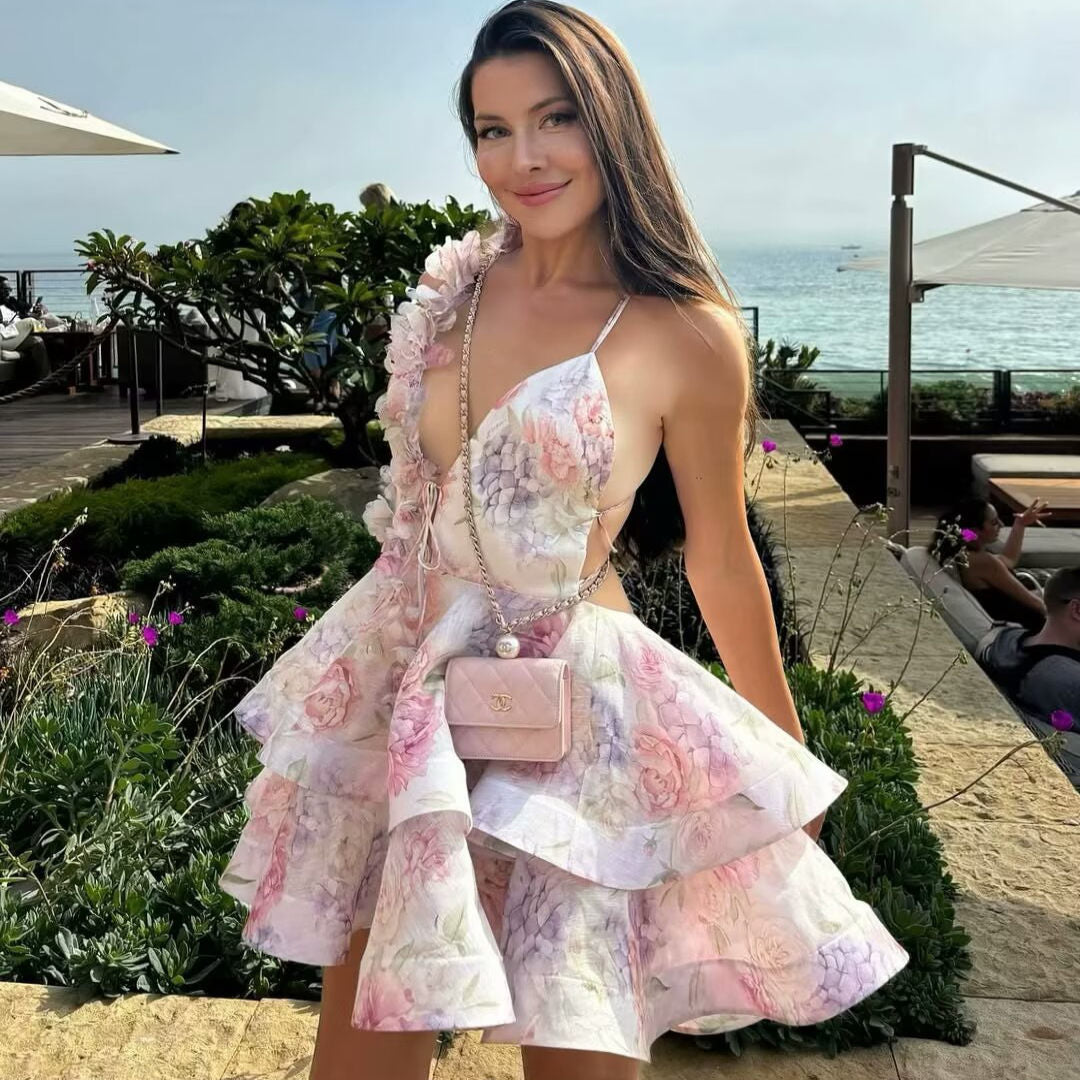 helen 3D Flower Chiffon Ruffle Mini Dress in pink