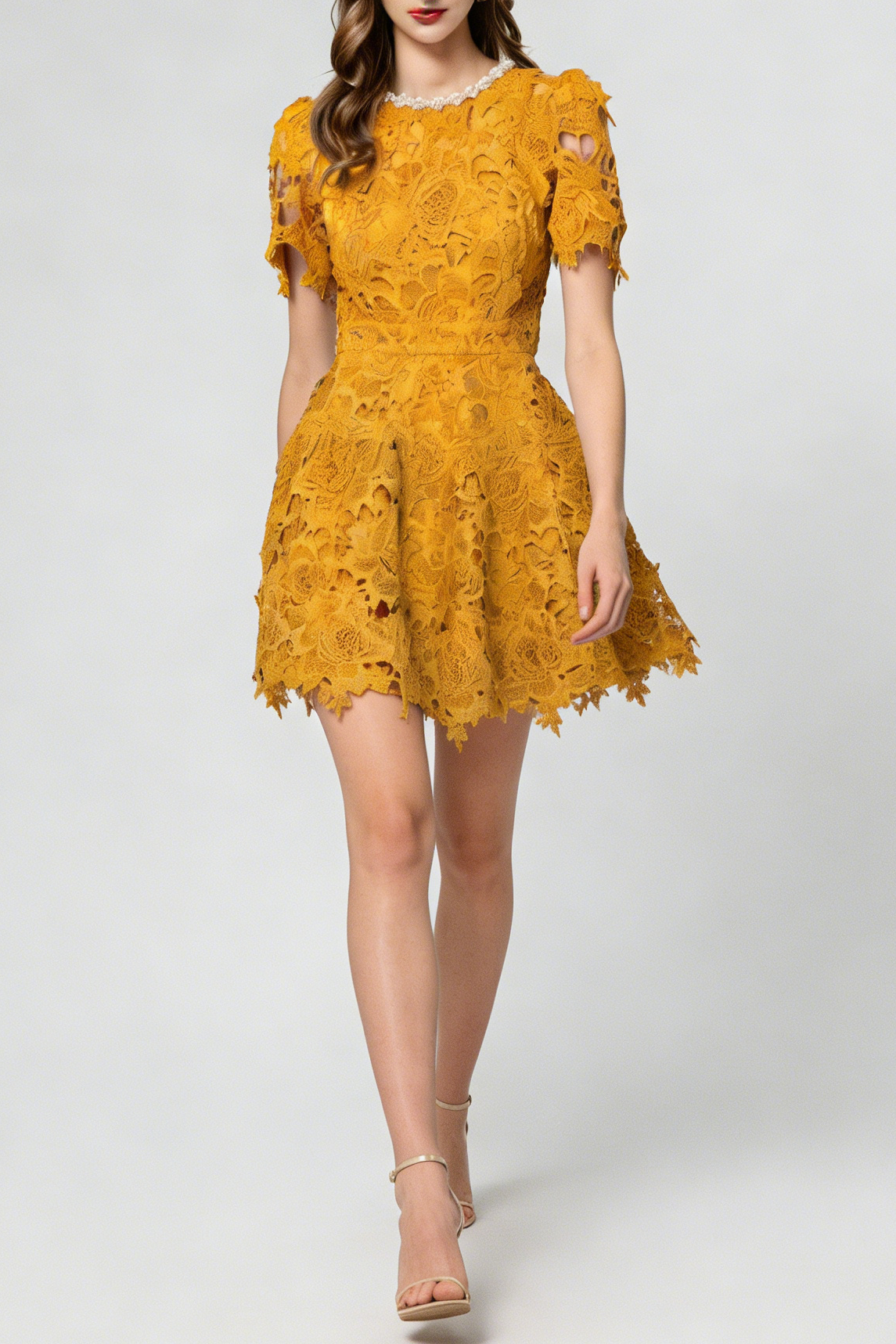 sylvia orange Beaded hollow crochet mini dress