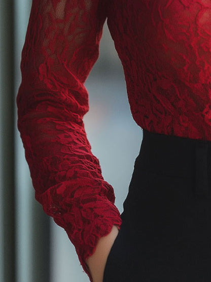 Classic Floral Lace Blouse with High Neck