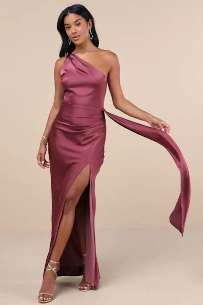 Signature Elegance Mauve Purple Satin One-shoulder Maxi Dress