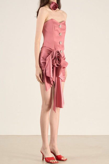 Tube Top Rosette Mini Two Piece Dress in Pink