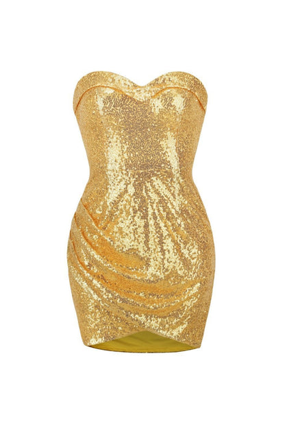 hedwig sequin pleated strapless mini dress in gold