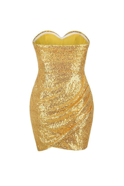 hedwig sequin pleated strapless mini dress in gold
