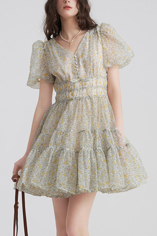 Printed V-neck tutu mini dress in Daisy Yellow