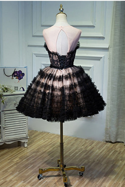 lorraine bow lace strapless puffy mini dress in black