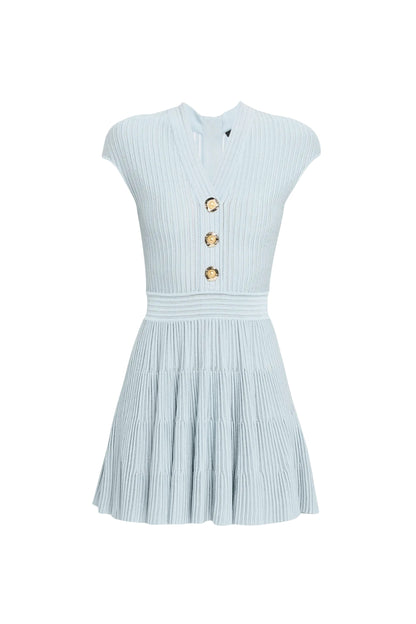Short-Sleeve Flechage Knit Flare Mini Dress in blue