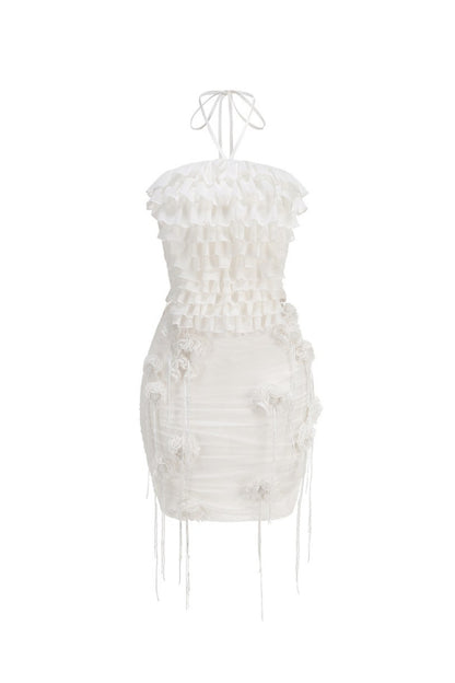 helen Halter Ruched Mesh Floral Mini Dress in white