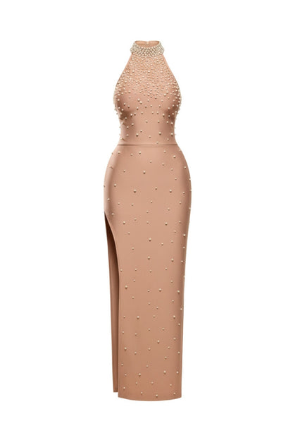 irene Halter Pearl Embellished Maxi Dress in Nude
