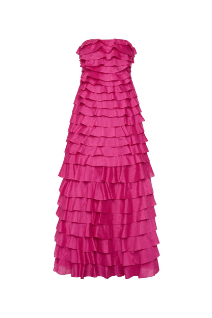 cathy Pleated layer strapless maxi dress in rose red