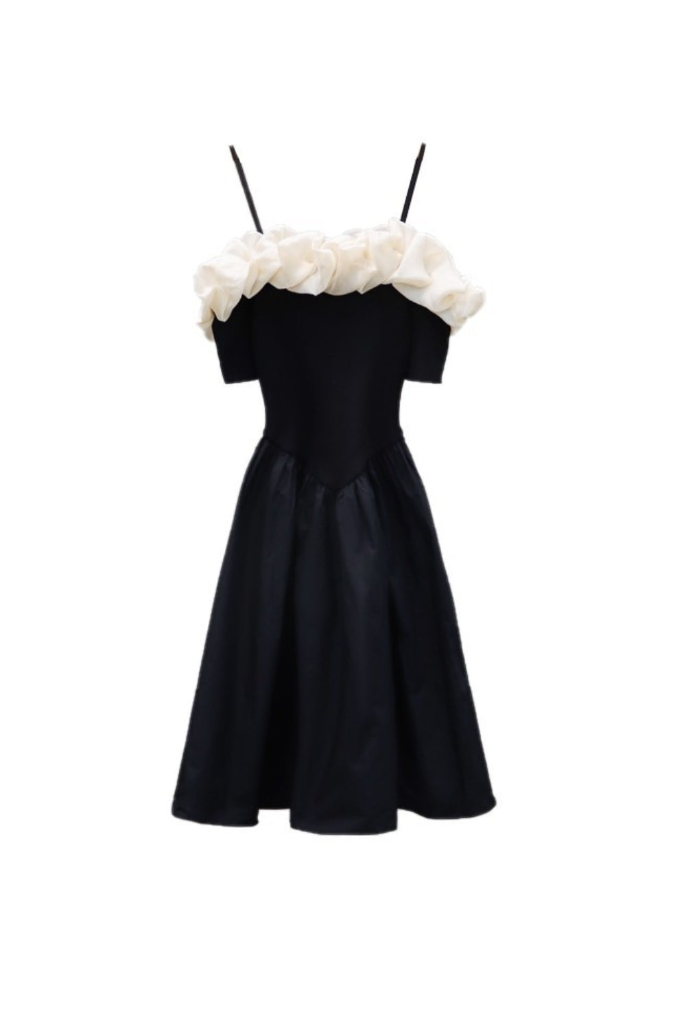 off-shoulder ruffle trim suspender mini dress in black
