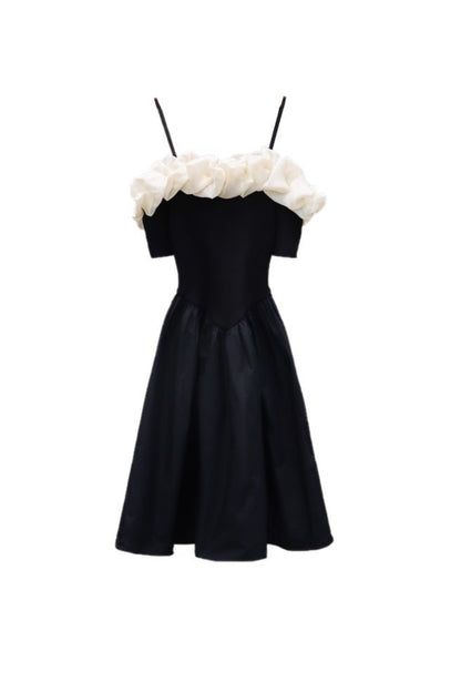 off-shoulder ruffle trim suspender mini dress in black