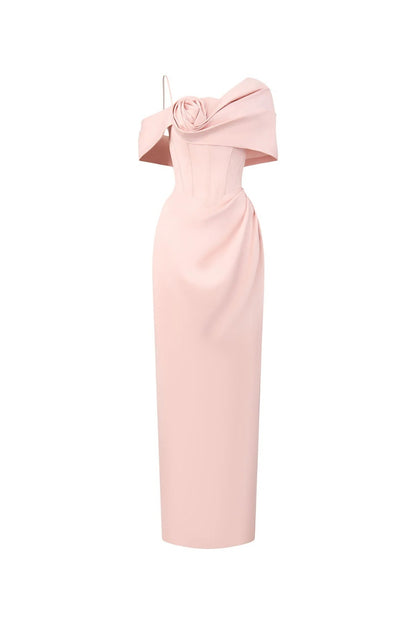 leona Sheath Asymmetric Shoulder Taffeta Ankle maxi Dress in pink
