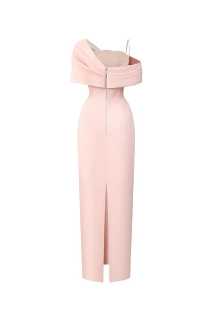 leona Sheath Asymmetric Shoulder Taffeta Ankle maxi Dress in pink