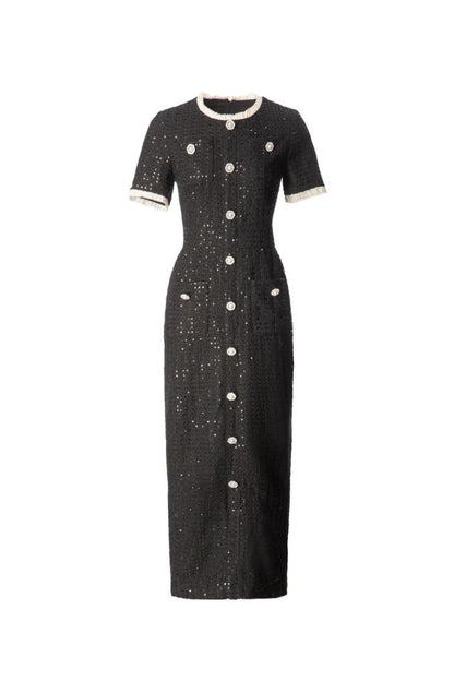 Round Neck Short Sleeves sequin Maxi Dress in black
