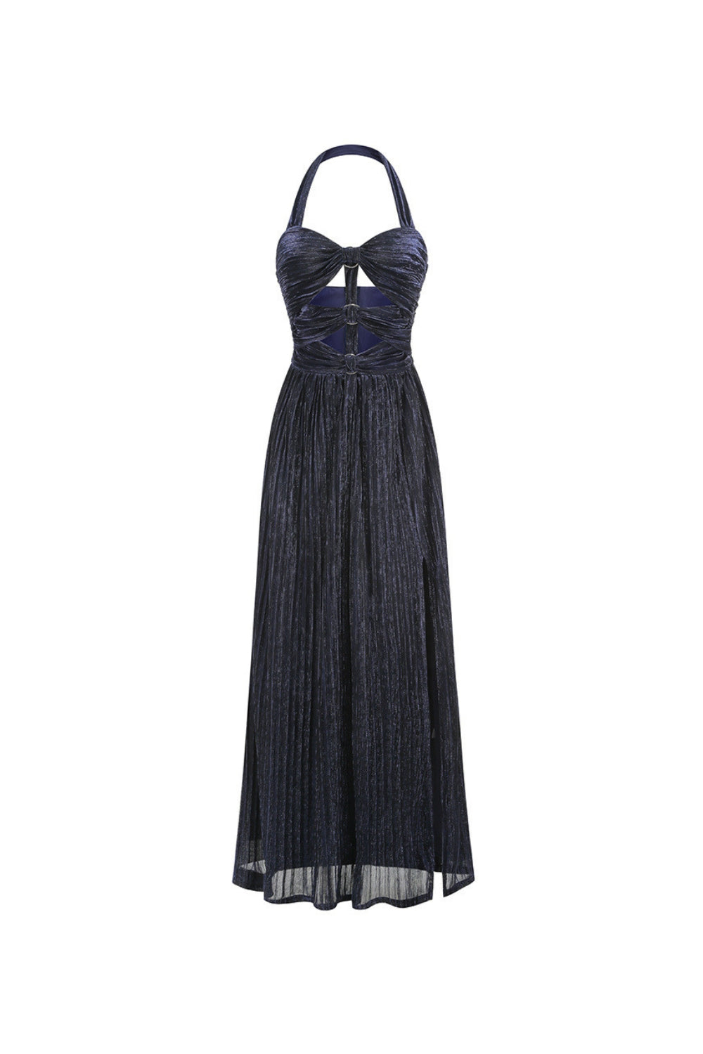 bonnie halter pleated cutout maxi dress in navy blue