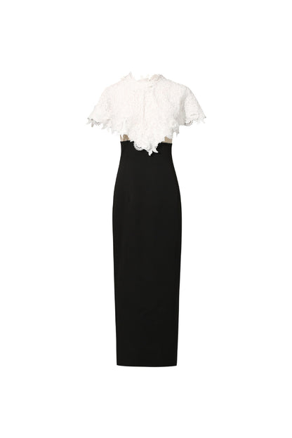alice lace patchwork shawl bodycon midi dress in black