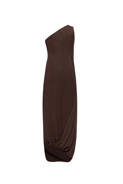xaviera one-shoulder pleated backless maxi dress in brown