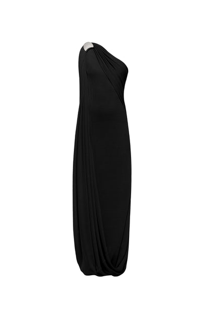 xaviera one-shoulder pleated backless maxi dress in black