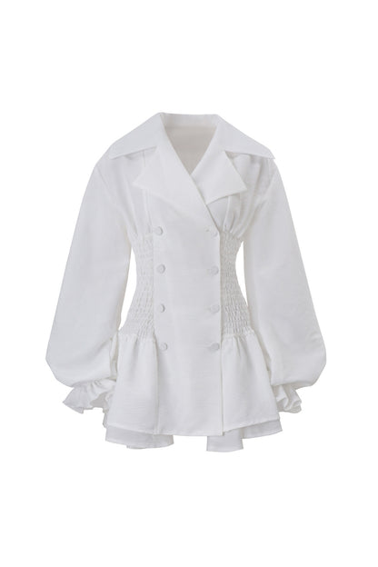 zenobia Large lapel button puff sleeve tutu mini dress in white
