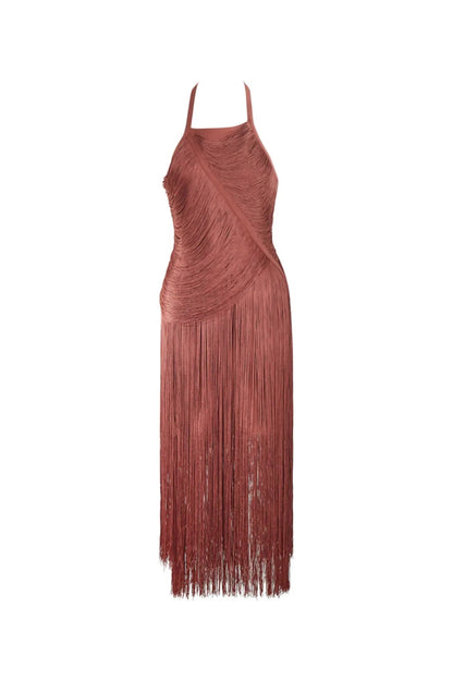 nicola pleated halter fringe maxi dress in brown