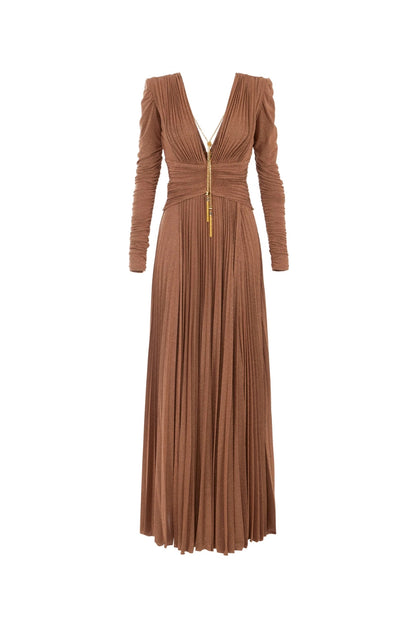 meroy Deep V puff sleeve pleated maxi dress in brown