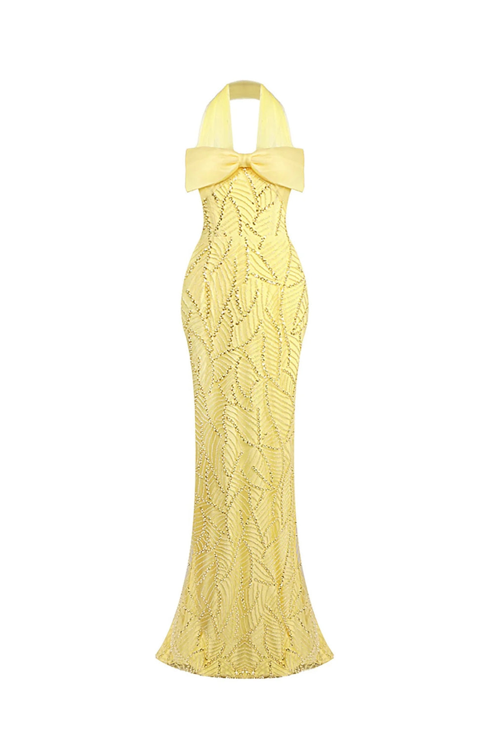 irene Halterneck Bowknot Beaded bodycon maxi dress in yellow