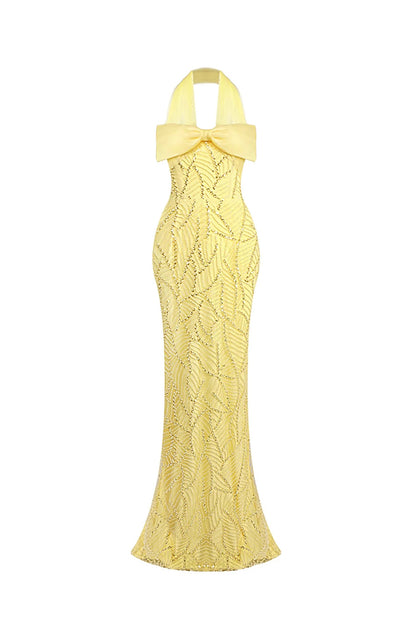 irene Halterneck Bowknot Beaded bodycon maxi dress in yellow