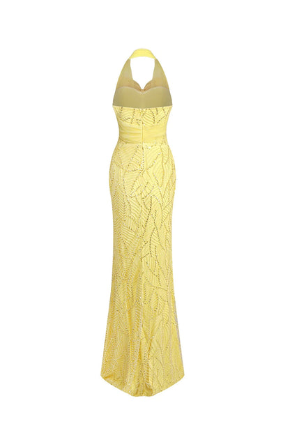 irene Halterneck Bowknot Beaded bodycon maxi dress in yellow