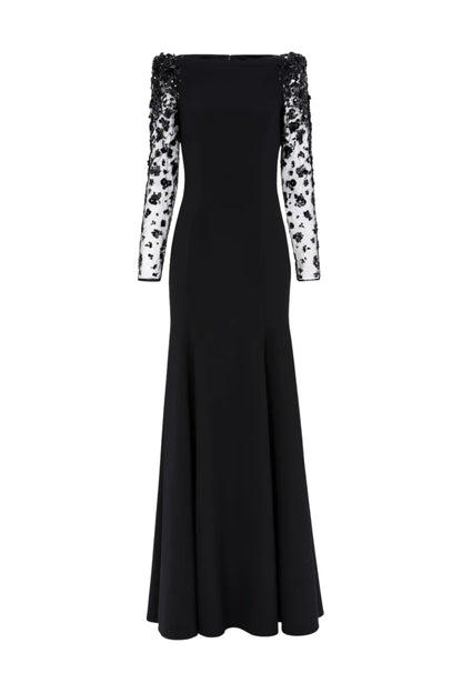 martha Mesh splicing beading diamond maxi dress in black