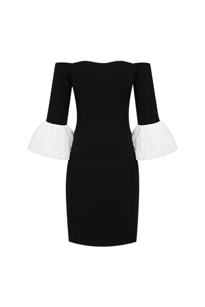 nicole strapless feather sleeve mini dress in black