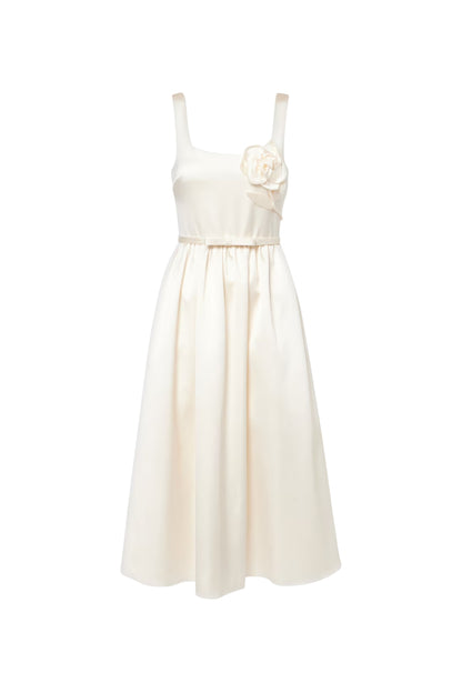 polly floral-appliqué satin midi dress in ivory