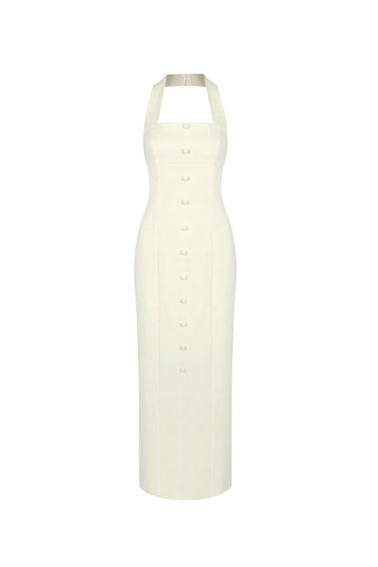 Almond Woven Halter Button Maxi Dress
