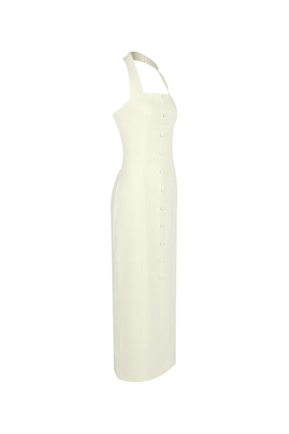 Almond Woven Halter Button Maxi Dress