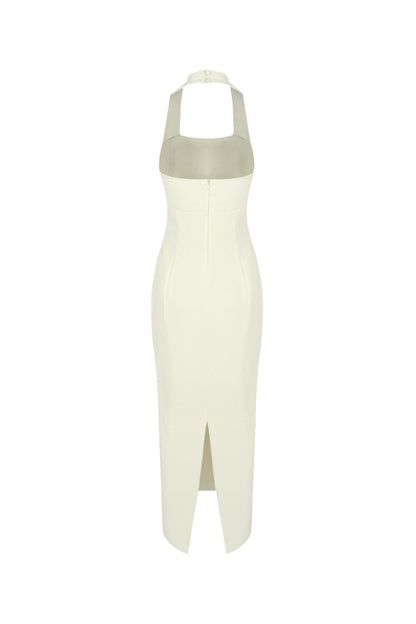 Almond Woven Halter Button Maxi Dress