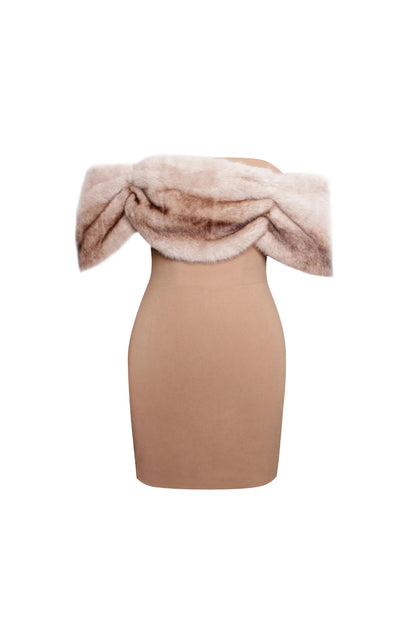 Turmeric Off Shoulder Fur Trim Mini Dress