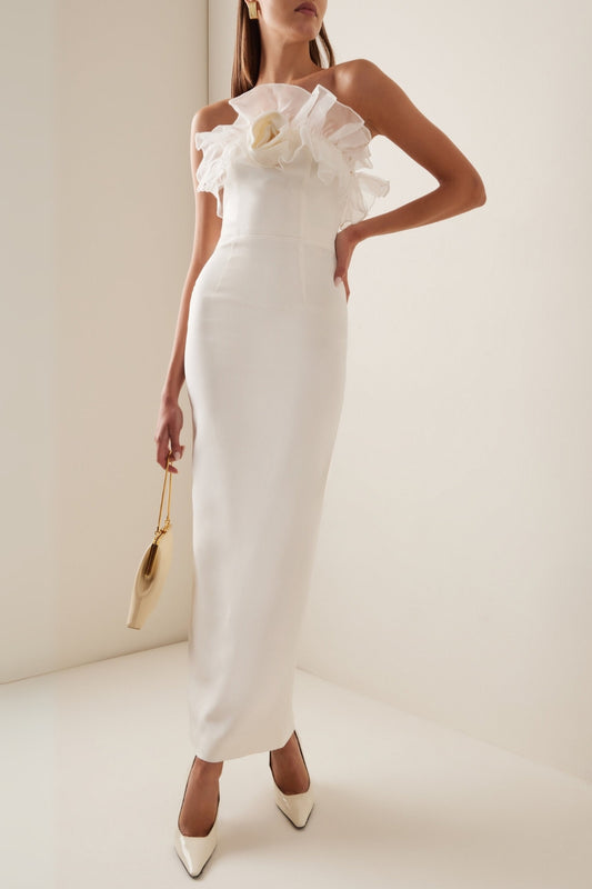 Ruffled Silk strapless Midi Dress in beige