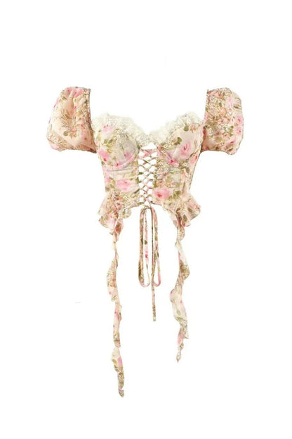 pink Tie-Drape Chiffon Shirt with Ruffled Puff Sleeves