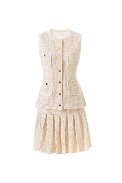 celeste Tweed Button-Front Vest Pleated Skirt Set in apricot