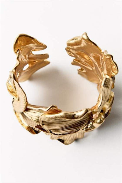 3D Textured Floral Wide Open Cuff Gold Bangle