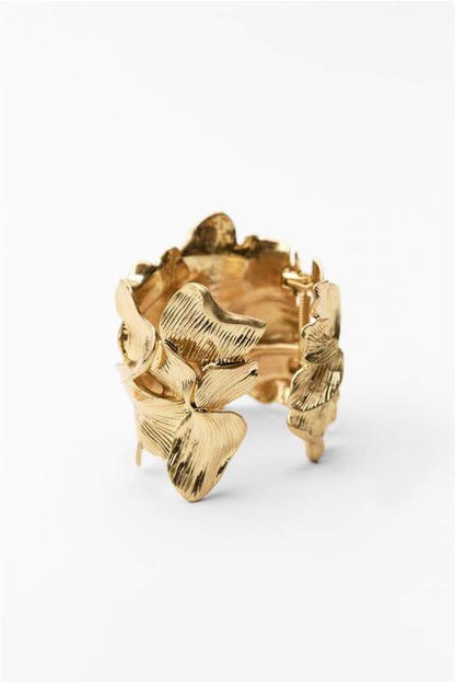 3D Textured Floral Wide Open Cuff Gold Bangle