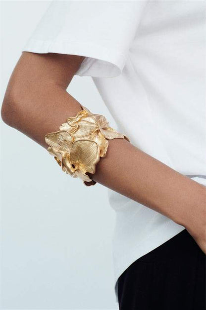 3D Textured Floral Wide Open Cuff Gold Bangle