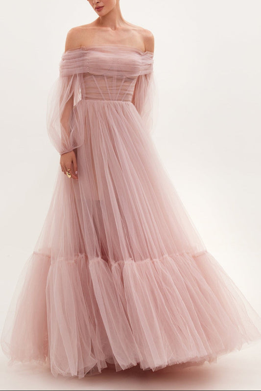 Misty Rose Sheer Sleeves Maxi Tulle Dress